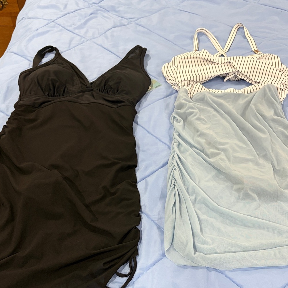 Black One-Piece Swim Dress – and one piece blue skirt Swimwear